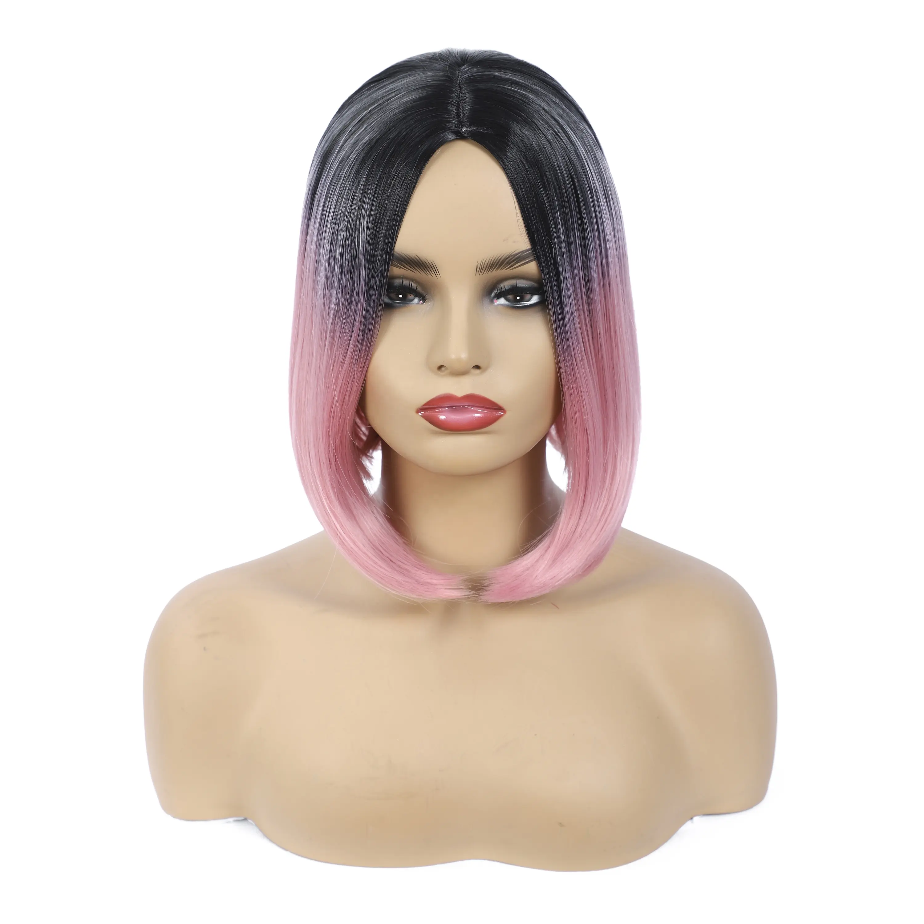 Synthetic wig straight bob layered 6x6 short pink wig cosplay