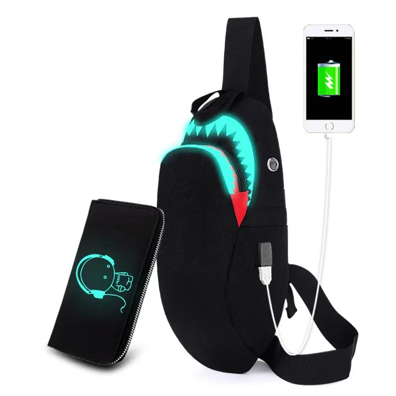 Hot selling fashion school men's and women's polyester black shark mouth luminous cartoon backpack chest bag with Usb charging