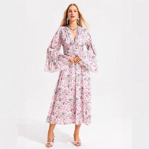 Vestido de Verano con Estampado Floral, Cuello en V, Manga Larga, Cintura Ajustada, Informal y Transpirable - Product Image 1