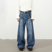 Pantalon en jean délavé à motif éclair de style américain haut de gamme pour hommes - Pantalon tendance polyvalent à coupe droite et ample