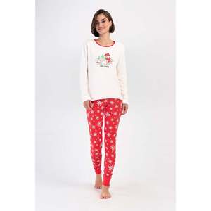 Conjunto de pijama de licra para mujer con cuello redondo, manga larga, pantalón corto y pantalón largo con puños - Blanco roto - Product Image 1