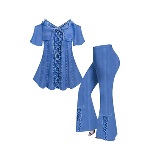 Conjunto de 2 Piezas Personalizable para Mujer Talla Grande, Estilo Casual, Cuello en V, Aspecto Vaquero, Top Halter de Manga Corta, Pantalones Largos, Color Sólido, Otoño, Secado Rápido - Product Image 1