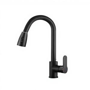 Robinet <span class=keywords><strong>de</strong></span> cuisine en acier inoxydable avec douchette extractible, mitigeur monocommande noir mat à arc haute, pivotant à 360° - Product Image 1