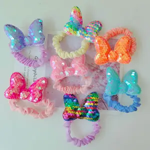 AOqi Tùy Chỉnh Thiết Kế Đầy Màu Sắc Trẻ Em Sequin Bow Hairband Độ Đàn Hồi Cao Cô Gái Dễ Thương Ponytail Headband Bow Tóc Phụ Kiện Mũ