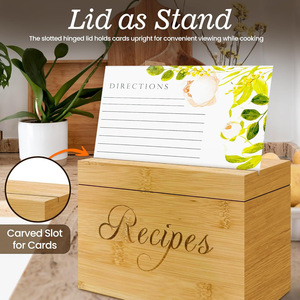 Boîte à recettes en bois massif, rectangulaire, avec couvercle rabattable, pour ranger les recettes de cuisine, avec séparateurs et cartes - Product Image 3