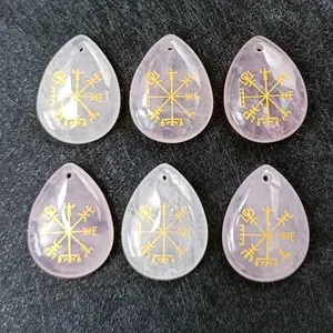 Natural Crystal Drop-shaped Shape Stone Pendants Ancient Viking Odin Rune Symbol Amulet Crystal for Jewelry Making Protection