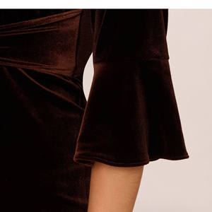 Kadın kare boyun elbise özel kadife kravat ön kılıf elbise çan kollu kahverengi kokteyl elbise gündüz akşam seksi yumuşak - Product Image 4