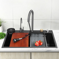Évier de cuisine en métal avec rince-verres Évier de cuisine moderne noir multifonction intelligent Évier de cuisine cascade en acier inoxydable