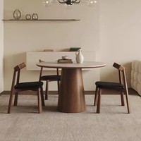 PurelyFeel Massivholz-Rundtisch im chinesischen Stil mit Drehplatte, Wabi-Sabi-Steinplatte, Esstisch mit vier Stühlen, Möbelset