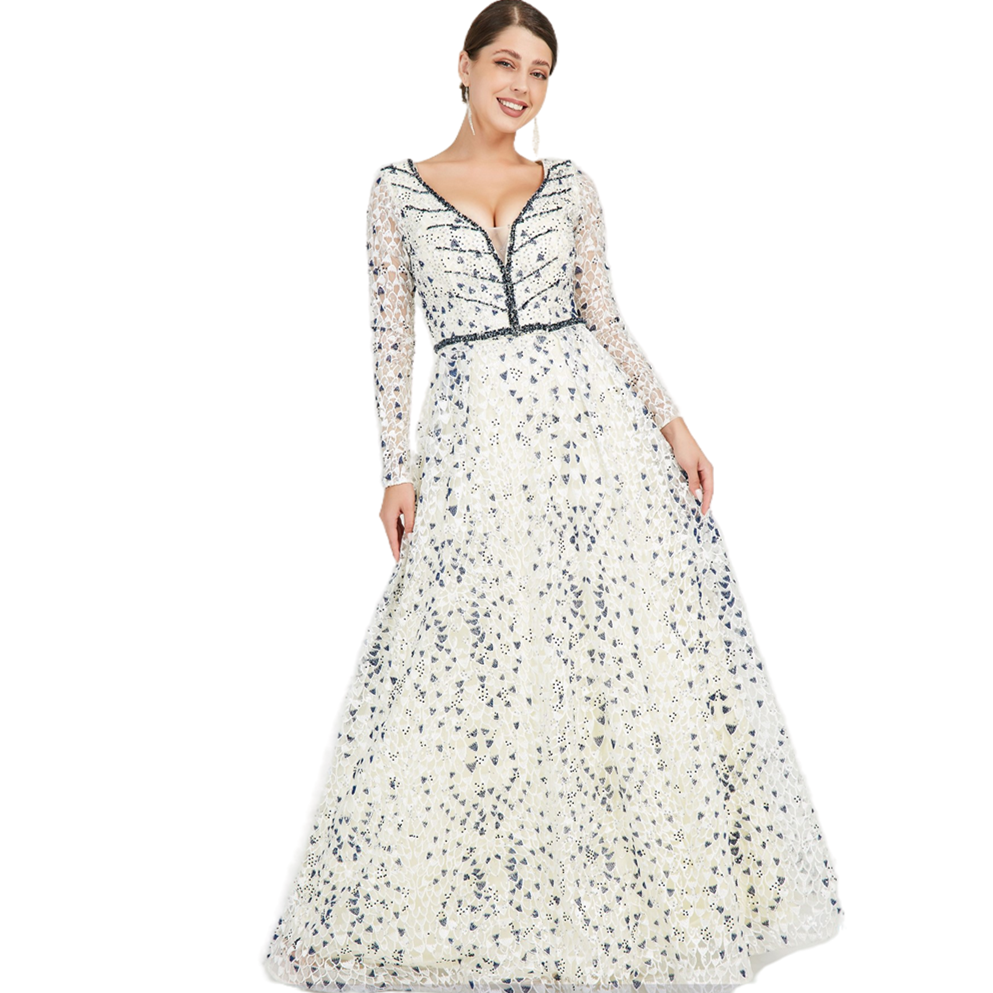 Новинка 2021, двухцветное кружевное вечернее платье с длинными рукавами и V-образным вырезом, женское бальное Привлекательное платье