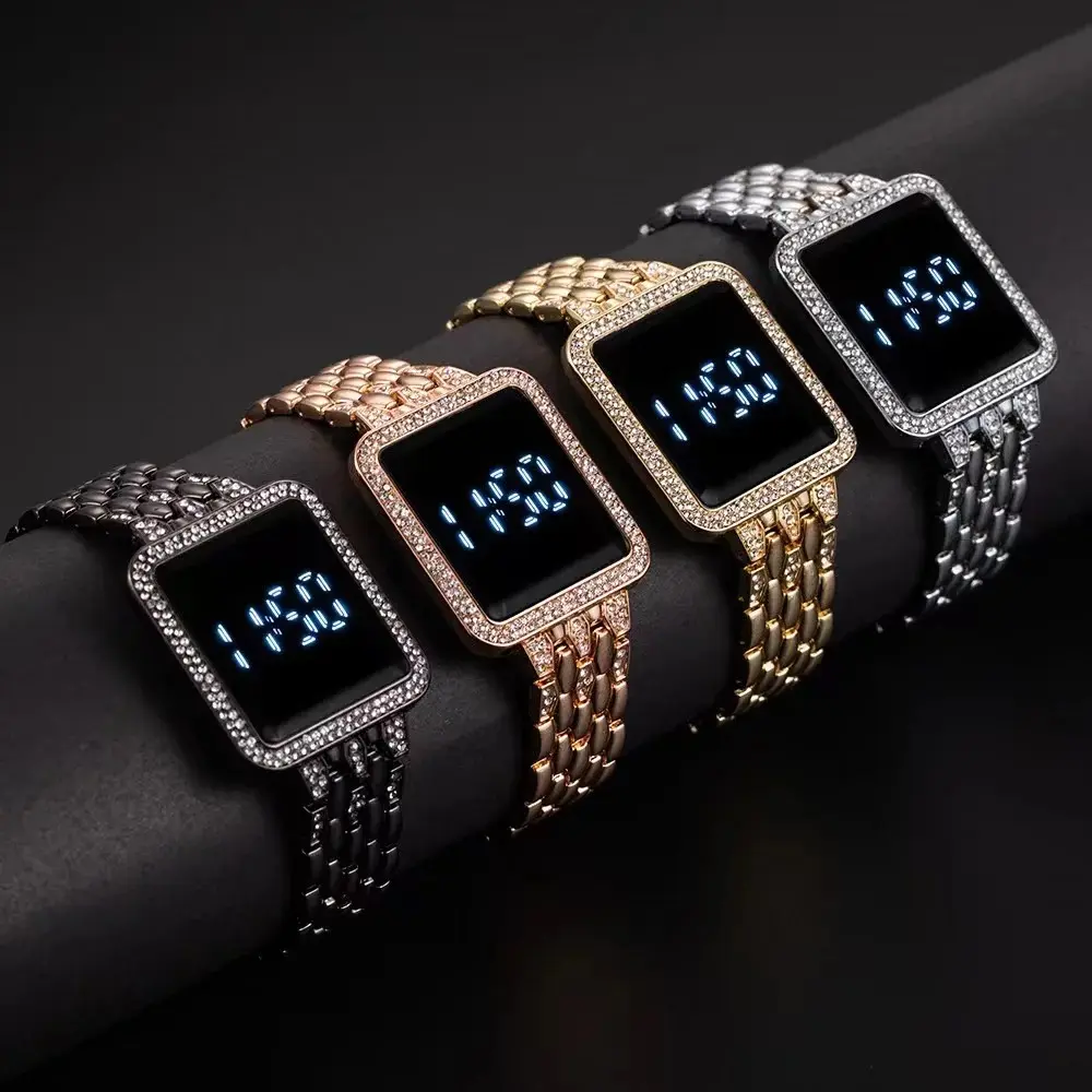Free samples New Fashion Stainless Steel Led Digital Watches Diamond Rose Gold Ladies Watches Rhinestone Electronic Wristwatch