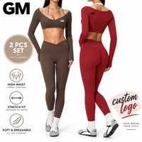 Nouvel ensemble de sport 2 pièces GM pour femme : haut court à manches longues avec logo personnalisé OEM et leggings taille haute sculptants pour yoga et fitness