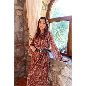 เดรสชีฟองลายดอกไม้สีน้ำตาลหรูหรา ทรงหลวม คอระบาย เอวธรรมชาติ ชุดลำลอง ผ้าบางโปร่ง - Product Image 3