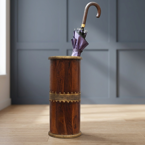 Hand-Carved <b>Chocolate</b> Color Sheesham Wood Umbrella Stand with Brass Inlay-Classic Style Freestanding Home Decor-Wholesale - Product Image 3