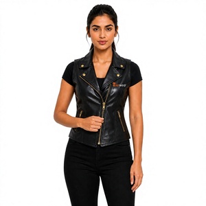 Tiierwear Women's <b>Black</b> PU Leather Waterproof Windproof Breathable Moto <b>Vest</b> with Zipper Closure and Notched Collar - Product Image 1