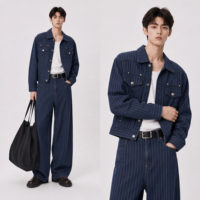Ensemble en jean thermique décontracté pour homme, 2 pièces, veste à rayures fines et pantalon large, tenue assortie marine, streetwear, vente en gros