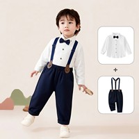 Conjunto de Primer Cumpleaños para Niño, Otoño/Invierno, Estilo Británico, Overol, Camisa de Manga Larga con Corbata de Moño, Sudadera de Algodón para Ceremonia