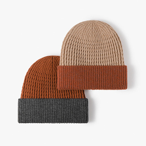 Bonnet en tricot jacquard côtelé bicolore avec logo personnalisé, doublure en polaire, bonnets d'hiver - Product Image 1