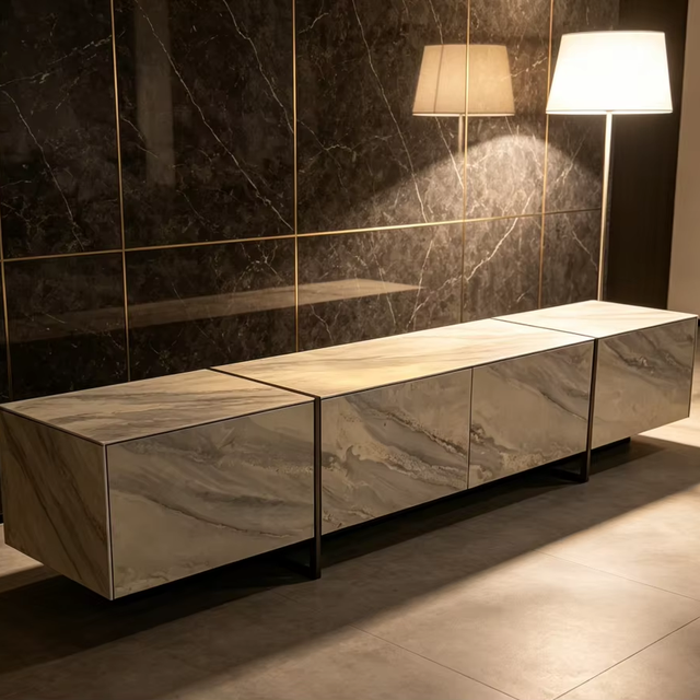 Modern Minimalist Marble Pattern Sintered Stone TV Cabinet Low Storage Sideboard for Villa Living Room