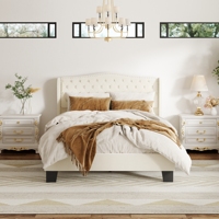 Cadre de lit double confortable et moelleux en velours beige de performance pour hôtel de luxe, idéal pour un projet de chambre parentale moderne
