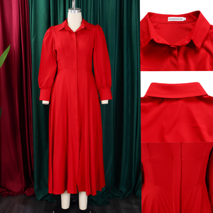 D570 أزياء أنيقة فساتين غير رسمية للنساء الصيف لون واحد أكمام طويلة خط قميص طويل فستان السيدات فستان مكتب للنساء - Product Image 3