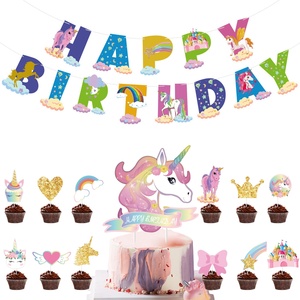 Ensemble de fête d'anniversaire sur le thème de l'unicorn, avec des drapeaux et des décorations, joyeux anniversaire, décorations de gâteau pour enfants - Product Image 1