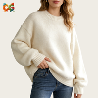 Pull en maille décontracté surdimensionné à manches longues en mélange acrylique et laine, couleur unie crème, avec logo personnalisé CG pour femme - Fournisseur