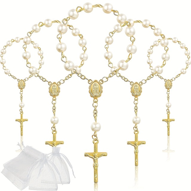 Baptism Party Favors - Mini Faux Pearl Rosary Beads with Organza Bags Bulk Religious Keepsake Gifts for Christening