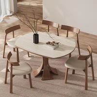 Ensemble de table à manger pliante moderne minimaliste à 6 places avec base en bois télescopique et plateau en pierre frittée pour la maison