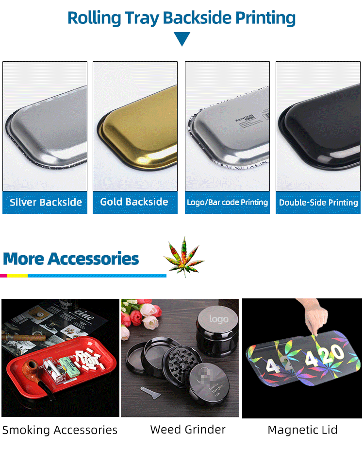 Factory wholesale custom metal tin rolling tray herb tobacco smoking tray food serving tray