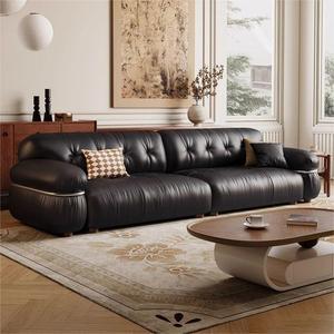 Mid Century Retro Black Top Grain Leather <b>Sofa</b> Three Seater Luxury Steel Frame For <b>Small</b> Living Room - Product Image 1