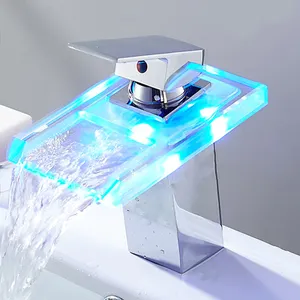 LED Light Bathroom Sink Faucet, 3 Colors Changing Waterfall Glass Spout, Hot and Cold Water Mixer