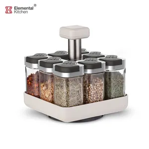 Set 8 Pieces Glass Seasoning Jar With Rotating Stainless Steel Spice Rack Organizer Stand