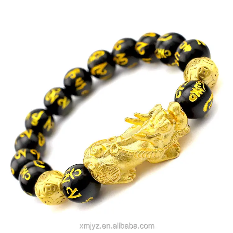 Vietnam Placer emas sepuhan Pixiu sebagai hujan kanan bola emas keberuntungan gelang enam kata manik batu akik Zhenyan untuk pria