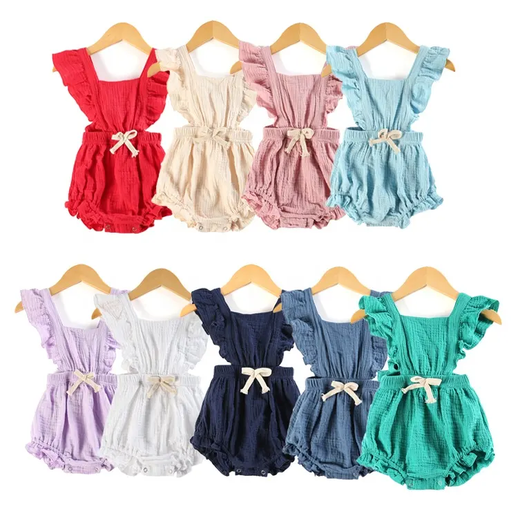 Onesie Pakaian Bayi Musim Panas 100% Katun Muslin Crepe Pakaian Bayi Dasi Belakang Lucu Katun Organik Solid Pakaian Bayi