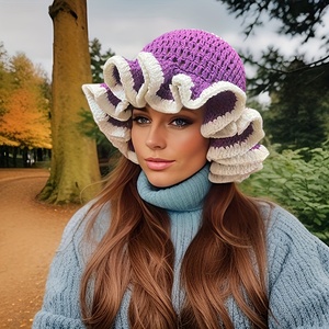 ファッション性 豊か な 個性的 な 手編み 帽子、マルチカラー フリルエッジ クロシェ ビーニー バケットハット レディース - Product Image 2
