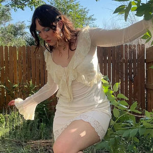 Cárdigan de punto transpirable con encaje dulce y estampado digital para mujer, con lazo de cinta, volantes, estilo Y2K Kawaii, bolero transparente, top informal. - Product Image 4