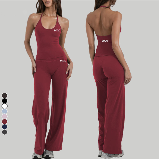 Custom Wholesale Plus Size Yoga Gym Wear Quality Recycled Halter Neck Sleeveless Set 2 Piece Yoga Set Gym Fitness Sets for Women
