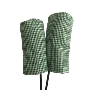 Customized Blank green houndstooth golf polyester driver tube club headcovers with custom woven tag
