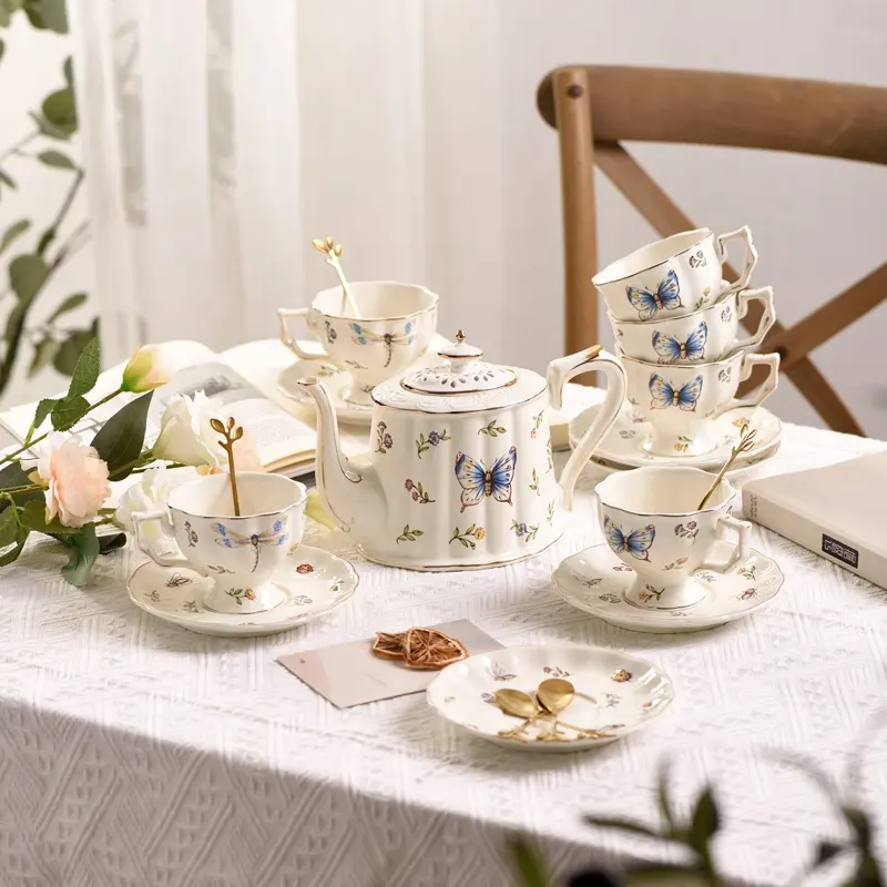 Luxury custom England flower garden vintage exquisite ceramic pot tea coffee cup saucer afternoon ceramic tea sets