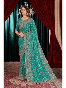 Luxury Ethnic Heavy Fandy <b>Satin</b> Saree with Fine Heavy Beads Embroidery Rich Designer <b>Blouse</b> Elegant Bridal Wedding Party Festive - Product Image 2