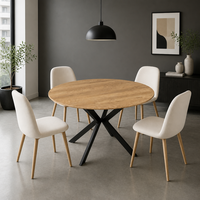 Table ronde durable avec plateau en bois anti-rayures et base en métal robuste en forme de X, acceptant les personnalisations dans n'importe quel style, couleur et matériau.
