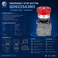 Bouton d'arrêt d'urgence QDN22SA3M3-M11Z CR24V 22mm 1NO1NC à tête champignon métallique autobloquant IP65 avec LED rouge 24V enfichable