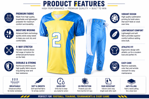 Custom American Football Jersey Set Yellow Blue V-Neck Short Sleeve Sublimated 100% Polyester Moisture Wicking Breathable Fitted - Product Image 5