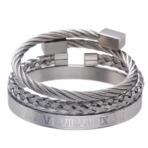 Juego <span class=keywords><strong>de</strong></span> 3 Pulseras <span class=keywords><strong>de</strong></span> Acero Inoxidable con Diseño Trenzado, Números Romanos Dorados Apilados, Estilo Rey Real para Hombre - Product Image 1