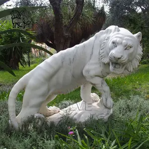 BLVE tallado a mano decoración al aire libre Tamaño Real Jardín piedra Animal escultura estatua de mármol blanco tigre para la venta