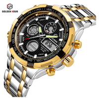 Reloj Digital para Caballero GOLDEN HOUR GH108 Super Silver, Correa de Acero Inoxidable, Doble Hora, Cronógrafo, Calendario, Deportivo