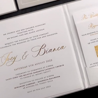 Carte d'invitation de mariage 3D personnalisée avec monogramme en acrylique doré, page intérieure imprimée en feuille d'or de luxe, papier pliable blanc