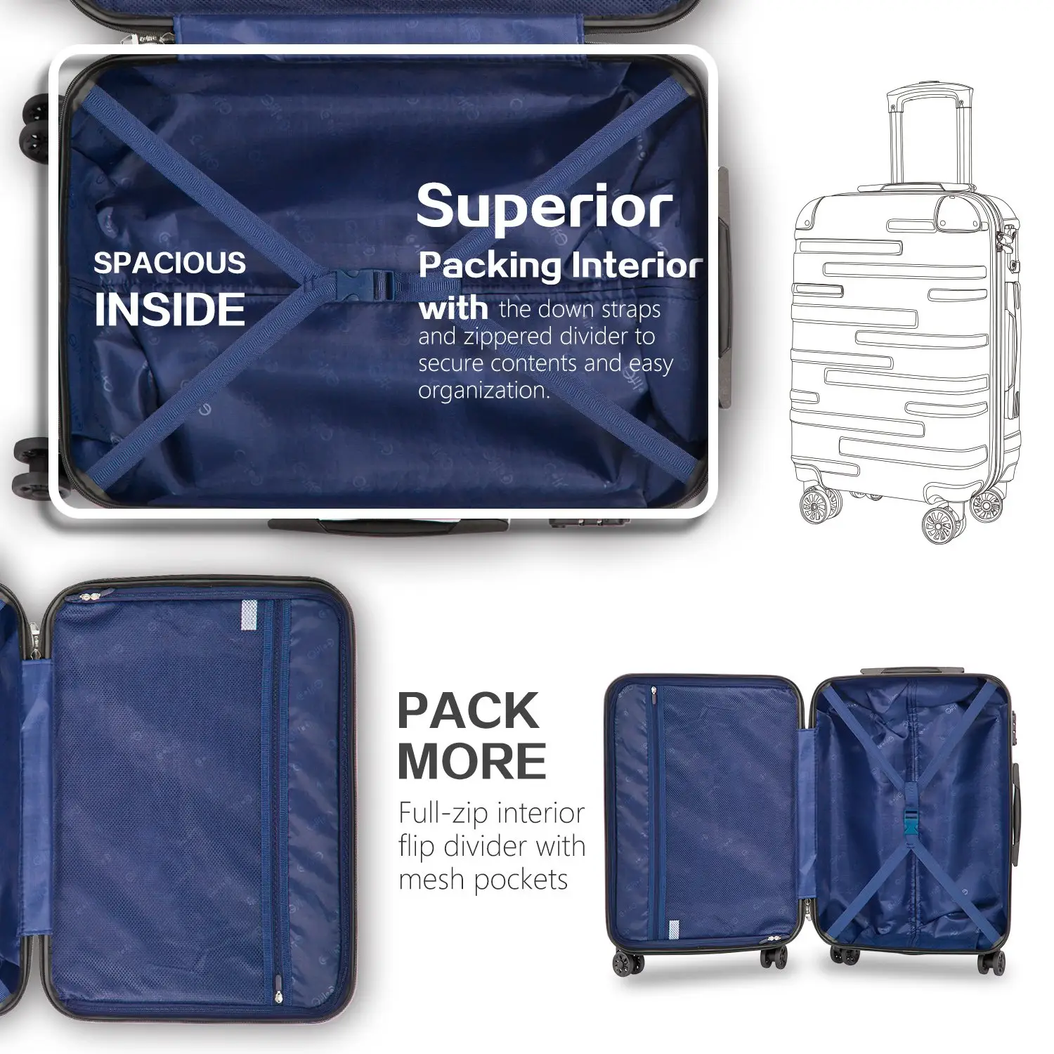 3 diverse dimensioni ABS PC bagaglio a mano carrello da viaggio Set di valigie personalizzate da 20/24/28 pollici
