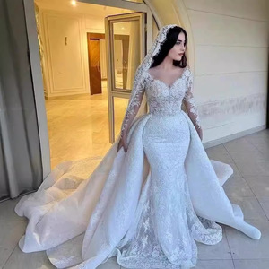 Abiti da Sposa Lusso Personalizzati Stile Sirena con Strascico Staccabile, Romantici in Pizzo a Maniche Lunghe per Vestiti da Sposa - Product Image 2